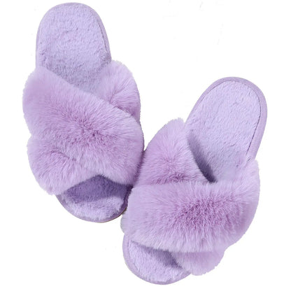Winter Women'S Fuzzy Slippers Warm Fluffy Indoor House Shoes Outdoor Antiskid Slippers Fashion Soft Open Toe Bedroom Slippers