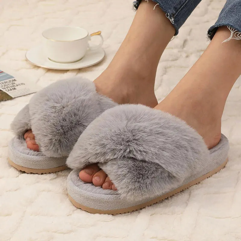 Winter Women'S Fuzzy Slippers Warm Fluffy Indoor House Shoes Outdoor Antiskid Slippers Fashion Soft Open Toe Bedroom Slippers