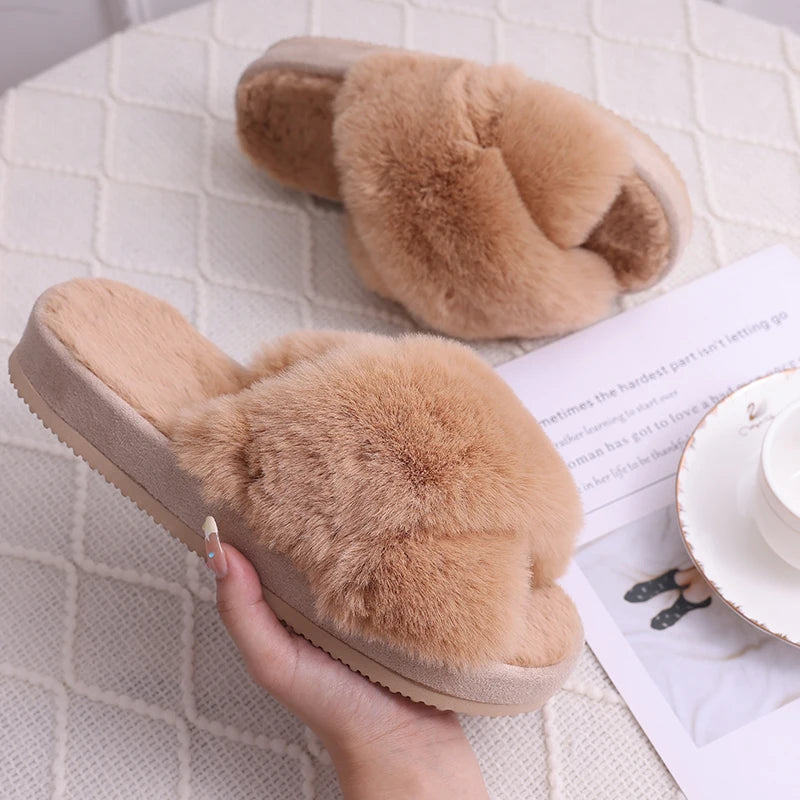 Winter Women'S Fuzzy Slippers Warm Fluffy Indoor House Shoes Outdoor Antiskid Slippers Fashion Soft Open Toe Bedroom Slippers