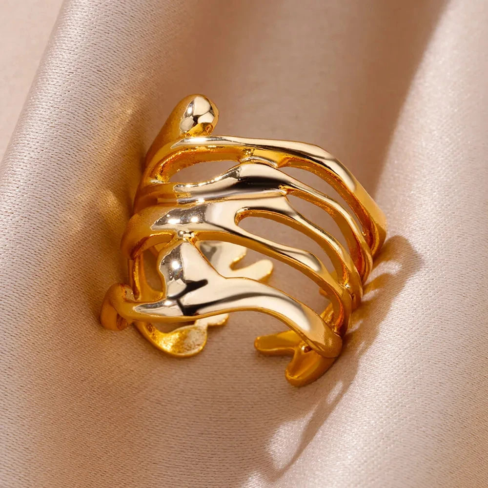 Stainless Steel Rings for Women Men Gold Color Hollow Wide Ring Female Male Party Finger Jewelry Gift 2024 Trend Free Shipping