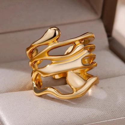 Stainless Steel Rings for Women Men Gold Color Hollow Wide Ring Female Male Party Finger Jewelry Gift 2024 Trend Free Shipping