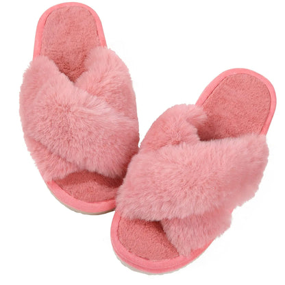 Winter Women'S Fuzzy Slippers Warm Fluffy Indoor House Shoes Outdoor Antiskid Slippers Fashion Soft Open Toe Bedroom Slippers