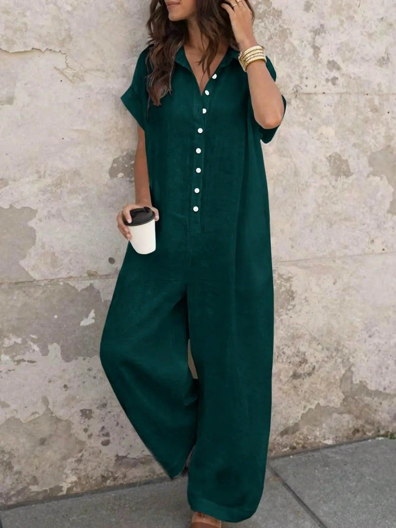 Women'S Casual Loose-Fitting Breathable Jumpsuit, Summer Short Sleeve Collared Print Jumpsuit, Wide Leg Long Pants with Button Closure