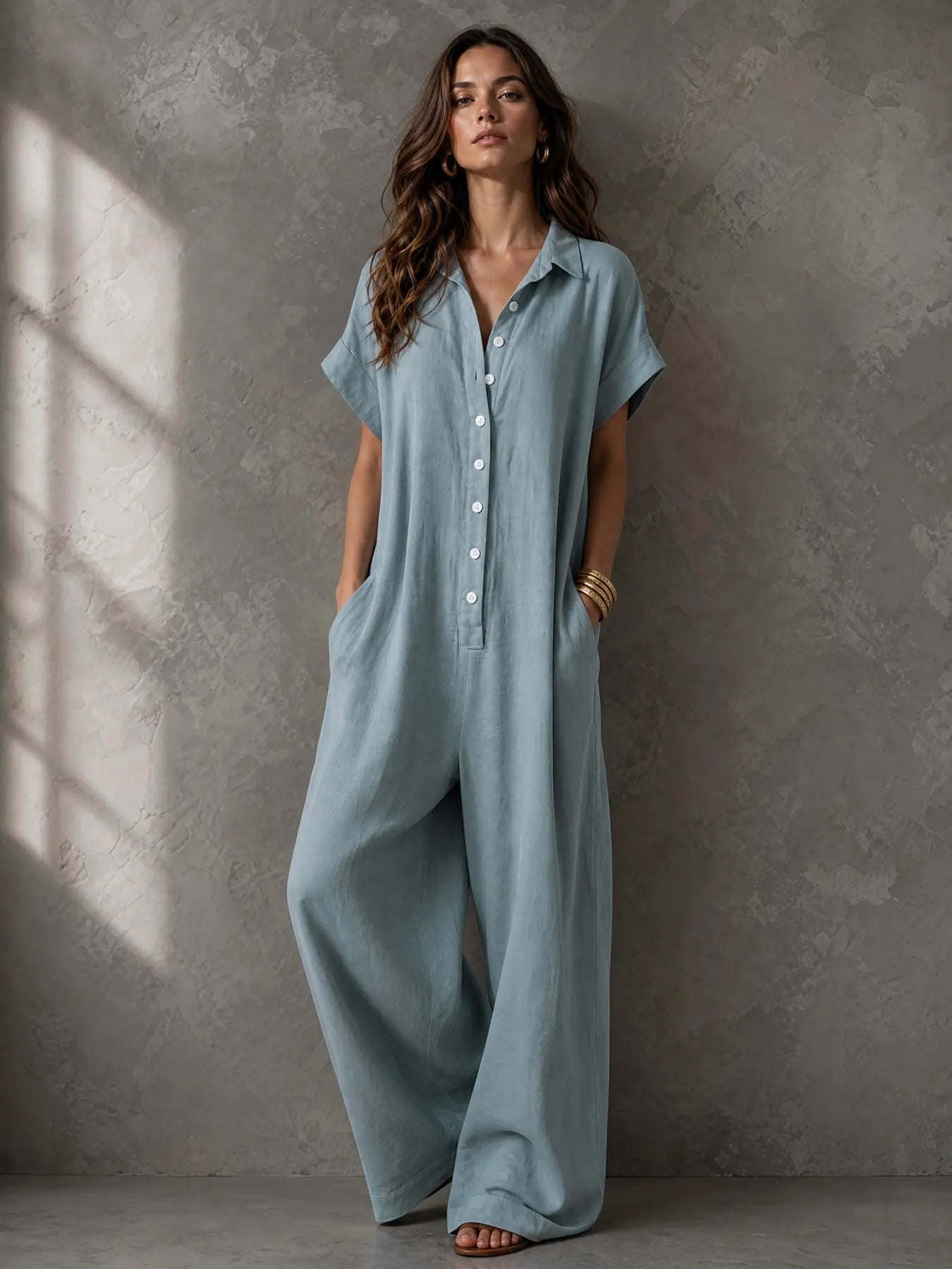 Women'S Casual Loose-Fitting Breathable Jumpsuit, Summer Short Sleeve Collared Print Jumpsuit, Wide Leg Long Pants with Button Closure