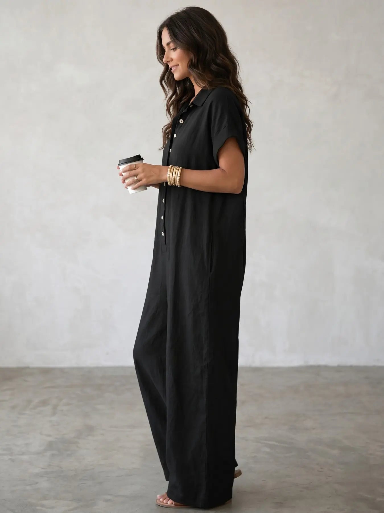 Women'S Casual Loose-Fitting Breathable Jumpsuit, Summer Short Sleeve Collared Print Jumpsuit, Wide Leg Long Pants with Button Closure