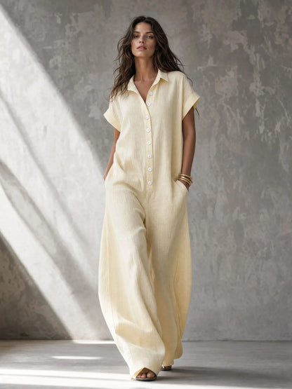 Women'S Casual Loose-Fitting Breathable Jumpsuit, Summer Short Sleeve Collared Print Jumpsuit, Wide Leg Long Pants with Button Closure