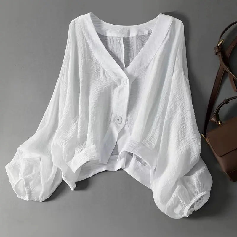 Women'S Summer Loose Lightweight Short Jacket, Sheer Figure‑Hiding Sun Protection Shirt, Casual Age‑Reducing Long Sleeve Blouse