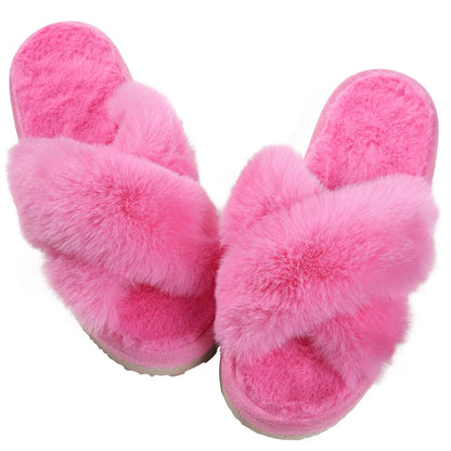 Winter Women'S Fuzzy Slippers Warm Fluffy Indoor House Shoes Outdoor Antiskid Slippers Fashion Soft Open Toe Bedroom Slippers