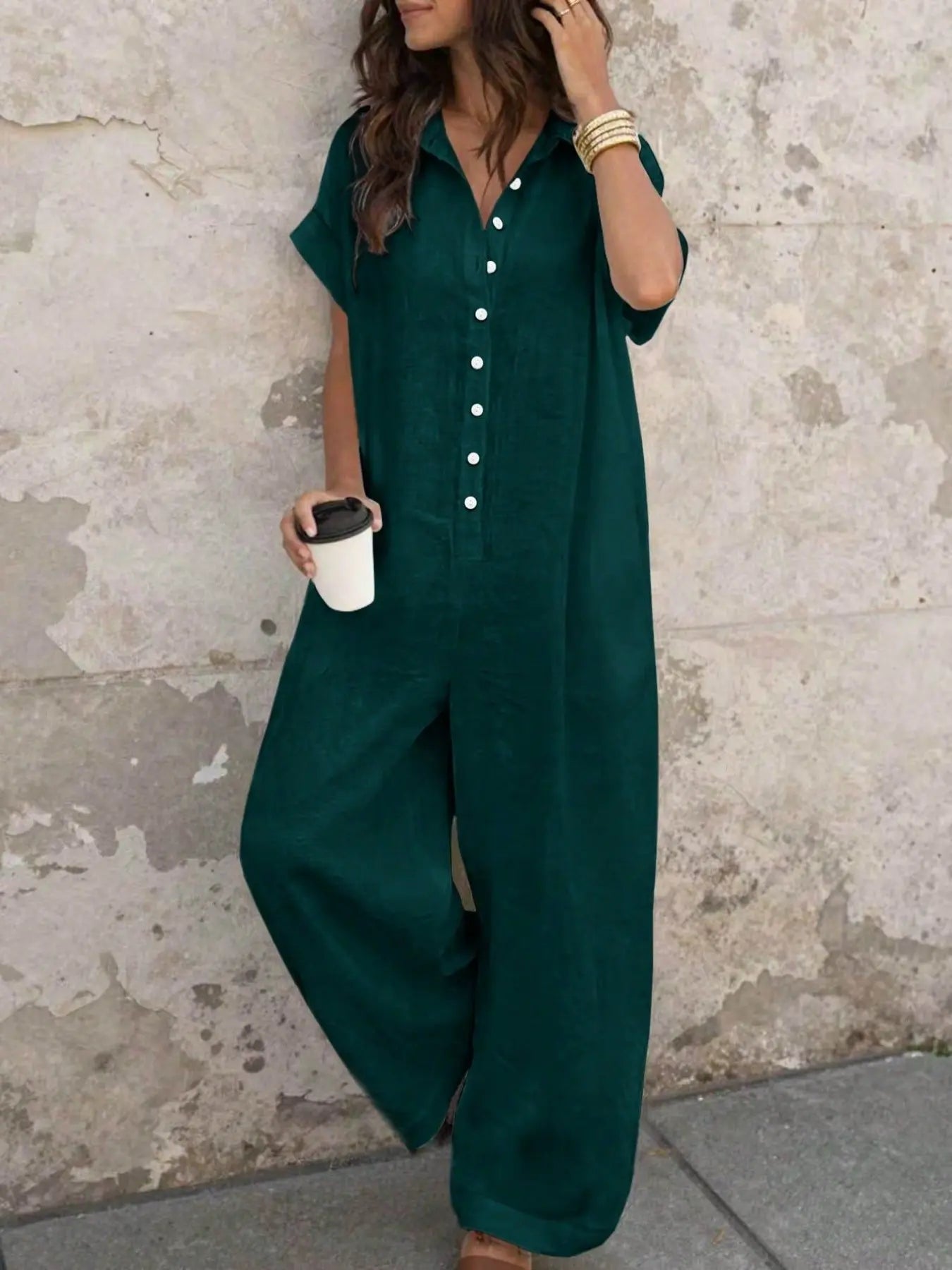 Women'S Casual Loose-Fitting Breathable Jumpsuit, Summer Short Sleeve Collared Print Jumpsuit, Wide Leg Long Pants with Button Closure