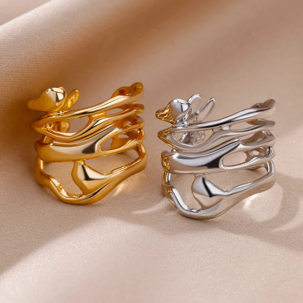 Stainless Steel Rings for Women Men Gold Color Hollow Wide Ring Female Male Party Finger Jewelry Gift 2024 Trend Free Shipping