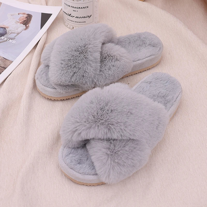 Winter Women'S Fuzzy Slippers Warm Fluffy Indoor House Shoes Outdoor Antiskid Slippers Fashion Soft Open Toe Bedroom Slippers