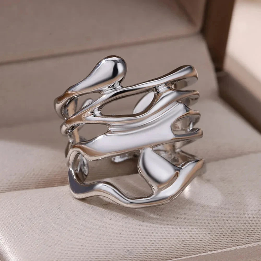 Stainless Steel Rings for Women Men Gold Color Hollow Wide Ring Female Male Party Finger Jewelry Gift 2024 Trend Free Shipping