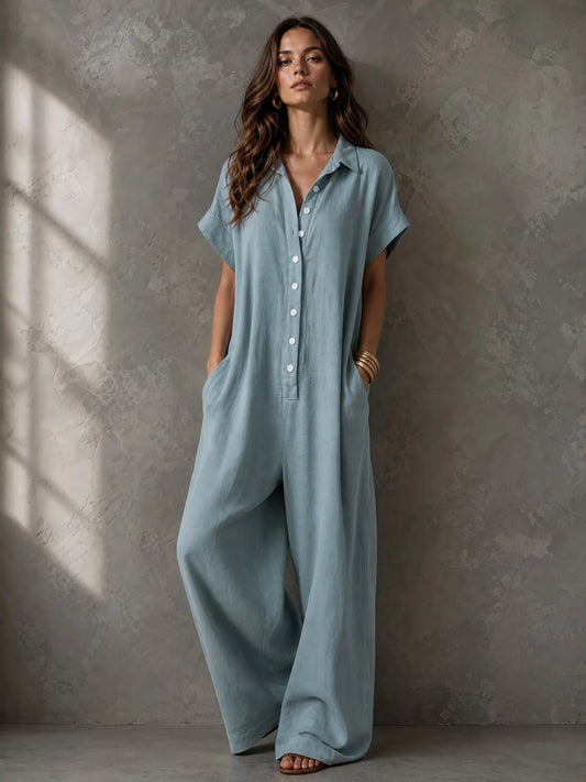 Women'S Casual Loose-Fitting Breathable Jumpsuit, Summer Short Sleeve Collared Print Jumpsuit, Wide Leg Long Pants with Button Closure